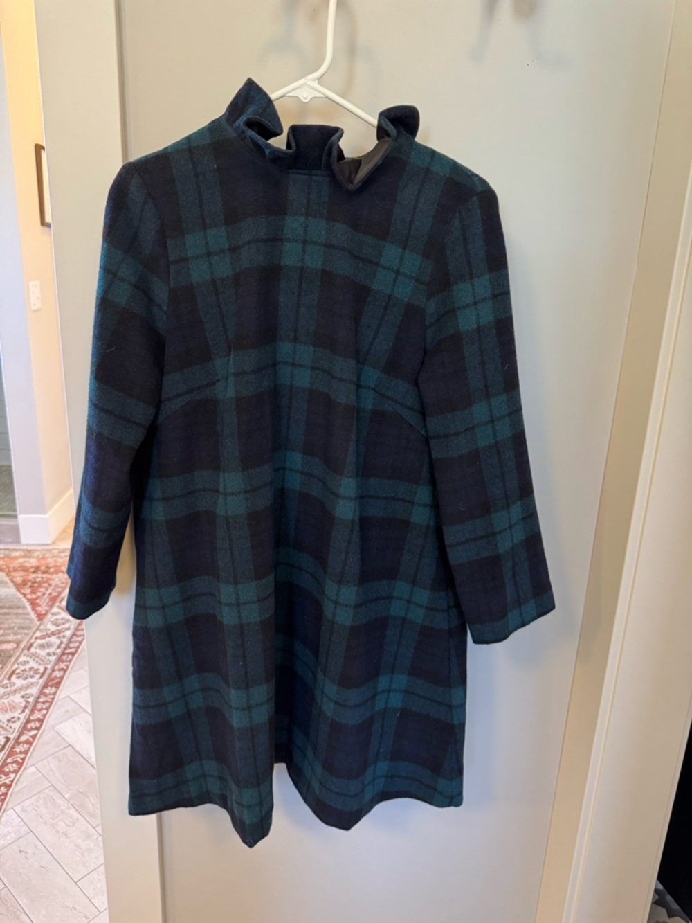 Tuckernuck Dark Navy and Teal Plaid Ruffle-Neck Midi Dress
